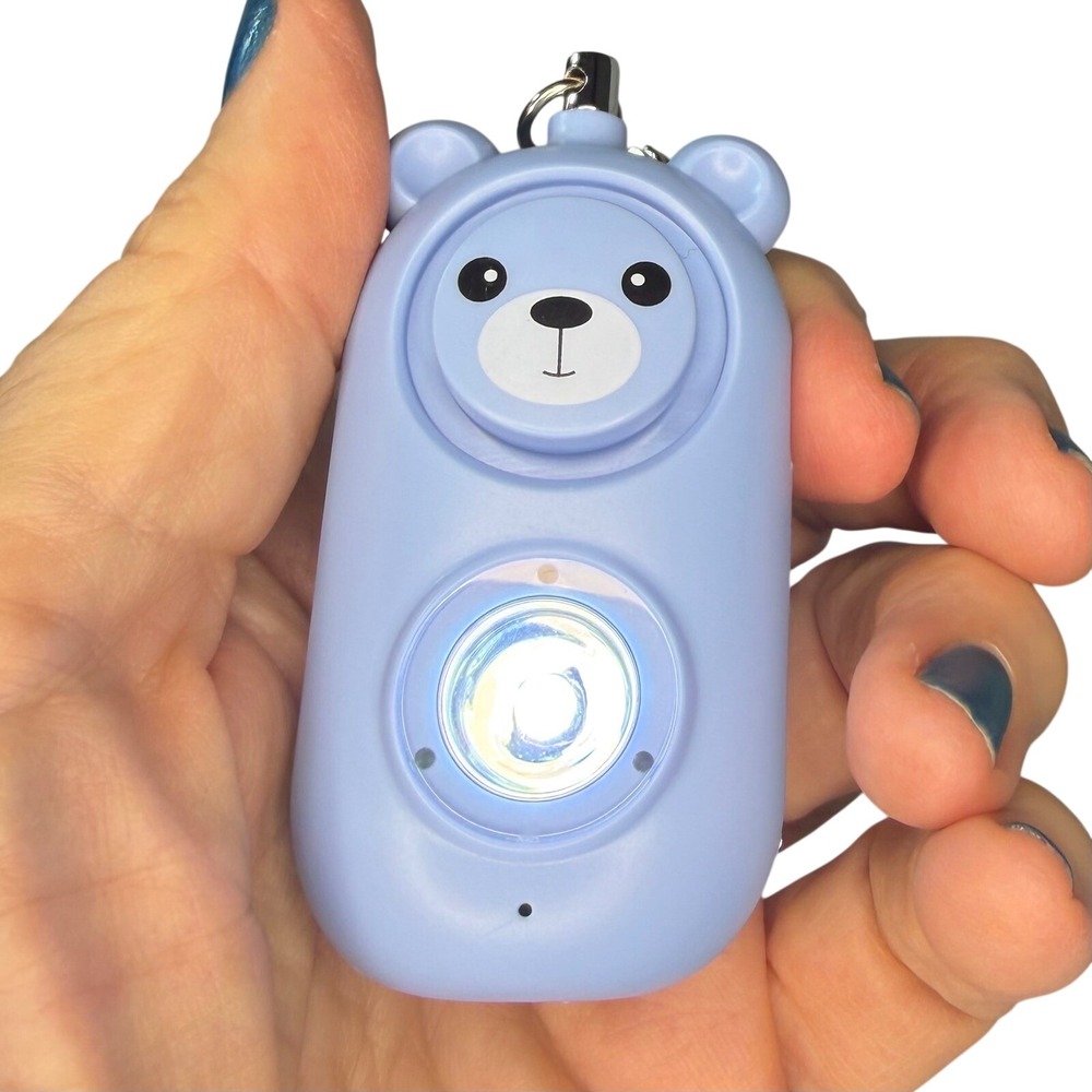 Blue Personal Alarm Flashlight 130dB Rechargeable Looks Like Ordinary Bag Charm